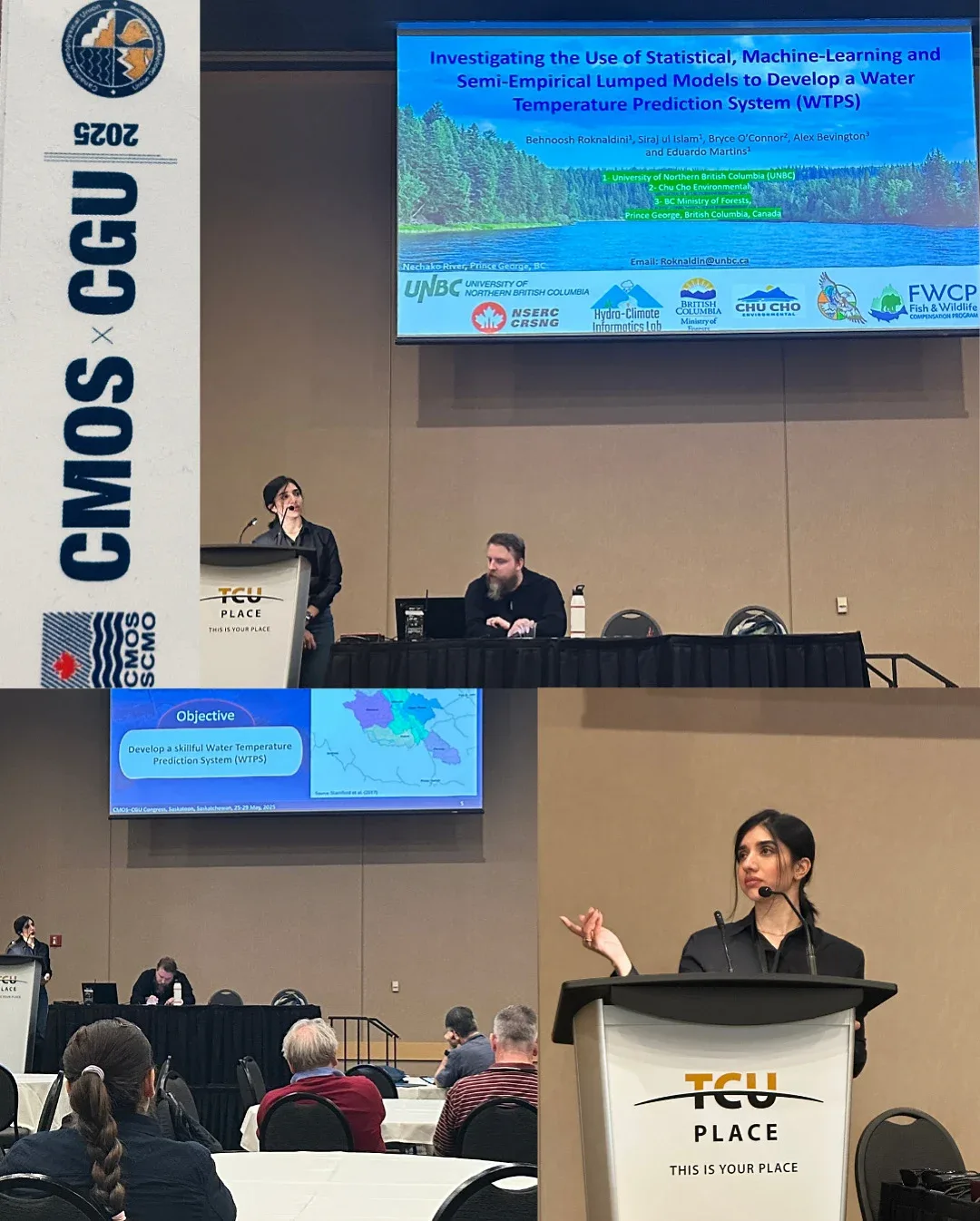 A three-photo collage of Behnoosh presenting freshwater temperature research at a conference lectern